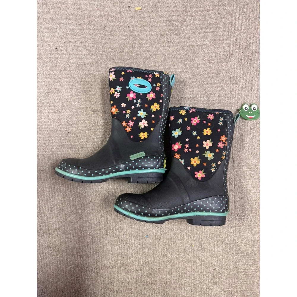 Western Chief Kids Daisy Delight Neoprene Waterproof Rain Boots Black Floral 1